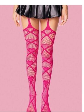 2/40$🔥Hot Pink Heart Fishnet Thigh-High Stockings